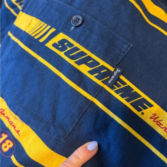 Supreme Navy and Yellow Striped Shirt racing work shirt